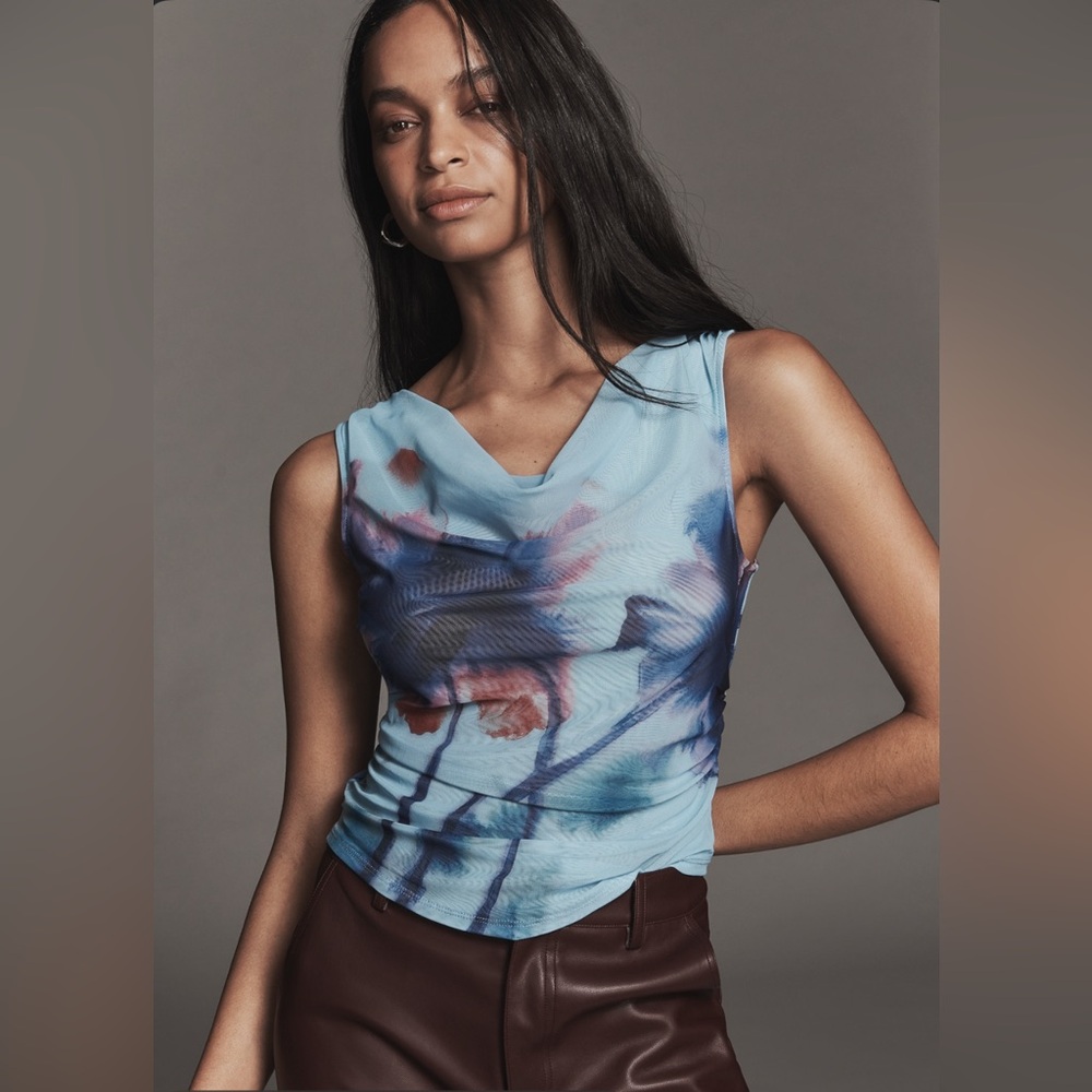 Anthropologie Sloane Cowl Neck Top NWT Mesh Abstract Print Sleeveless Size L